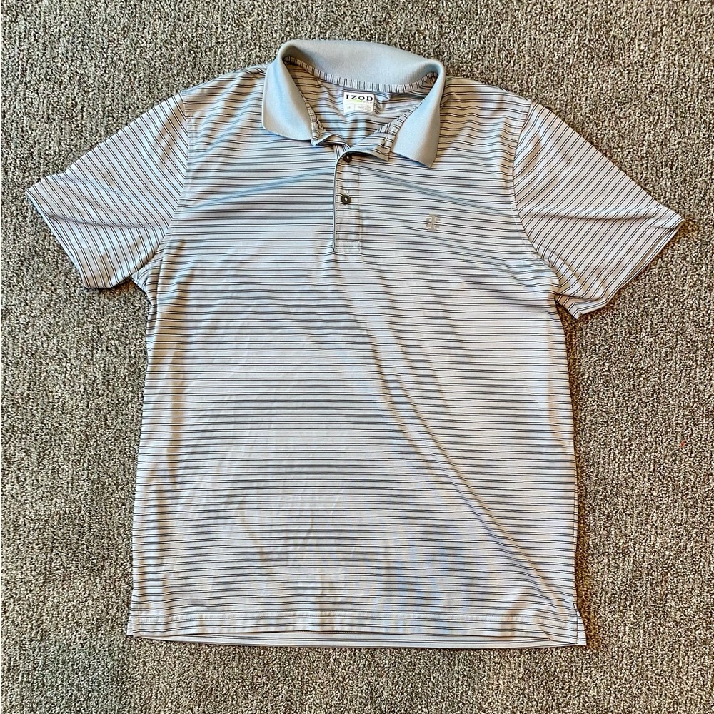 Izod Golf Gray and Black Striped Polo Shirt Lightweight Athletic Design Size L